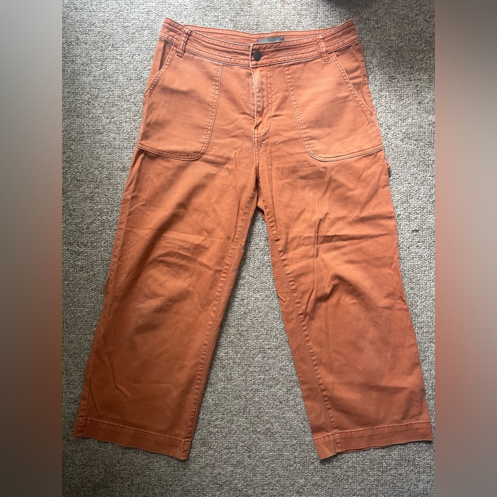 Size 12 Prana wide leg crop pants in terracotta (faded orange)